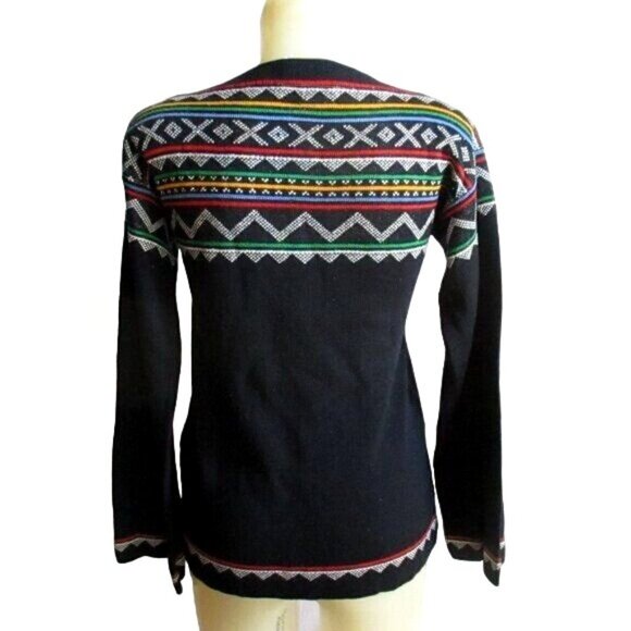 Vintage 80s True Boho Top Medium Chrome Crosstitch Print Knit Sweater by Bananas - Picture 5 of 7